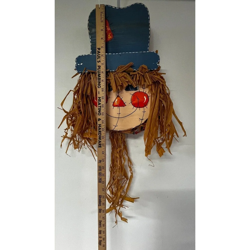 Handmade Wooden Scarecrow Wall Hanging Fall Harvest Decor Raffia 10.5x15.5